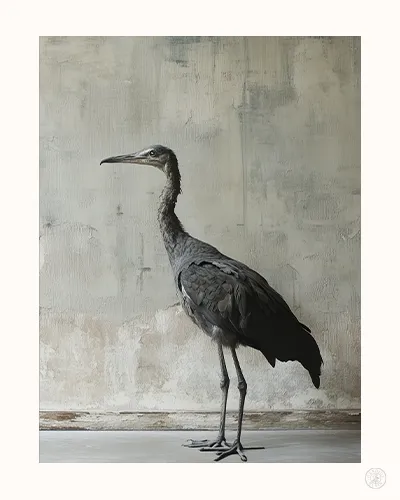 Tirage fine art d'une grue grise photographiée en studio dans une composition épurée et artistique.