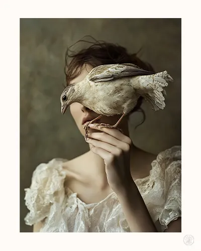 Œuvre photographique poétique montrant une femme tenant un oiseau près de sa tête.