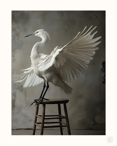 Photographie artistique d’une grue blanche, proposée comme œuvre Fine Art.