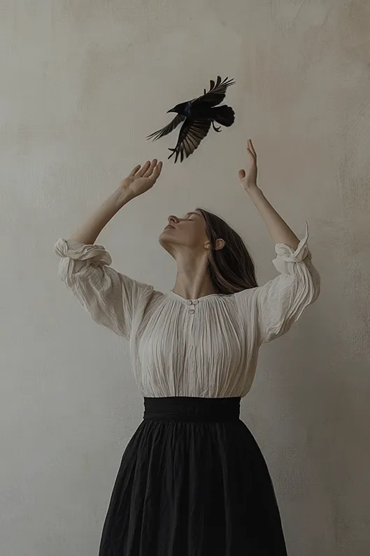 Composition artistique d'une femme en studio, les bras levés et les yeux fermés, tandis qu’un oiseau vole au-dessus de ses mains.