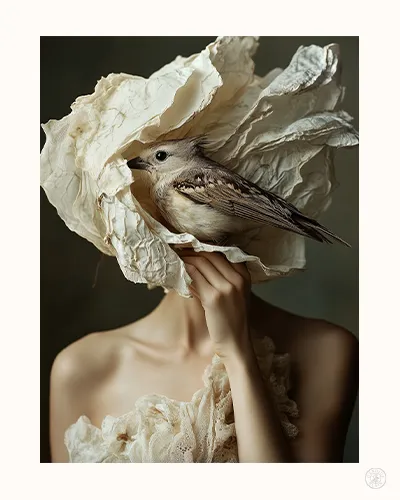 Portrait photographique artistique d’une femme associé à la silhouette d’un oiseau, dans une composition poétique.